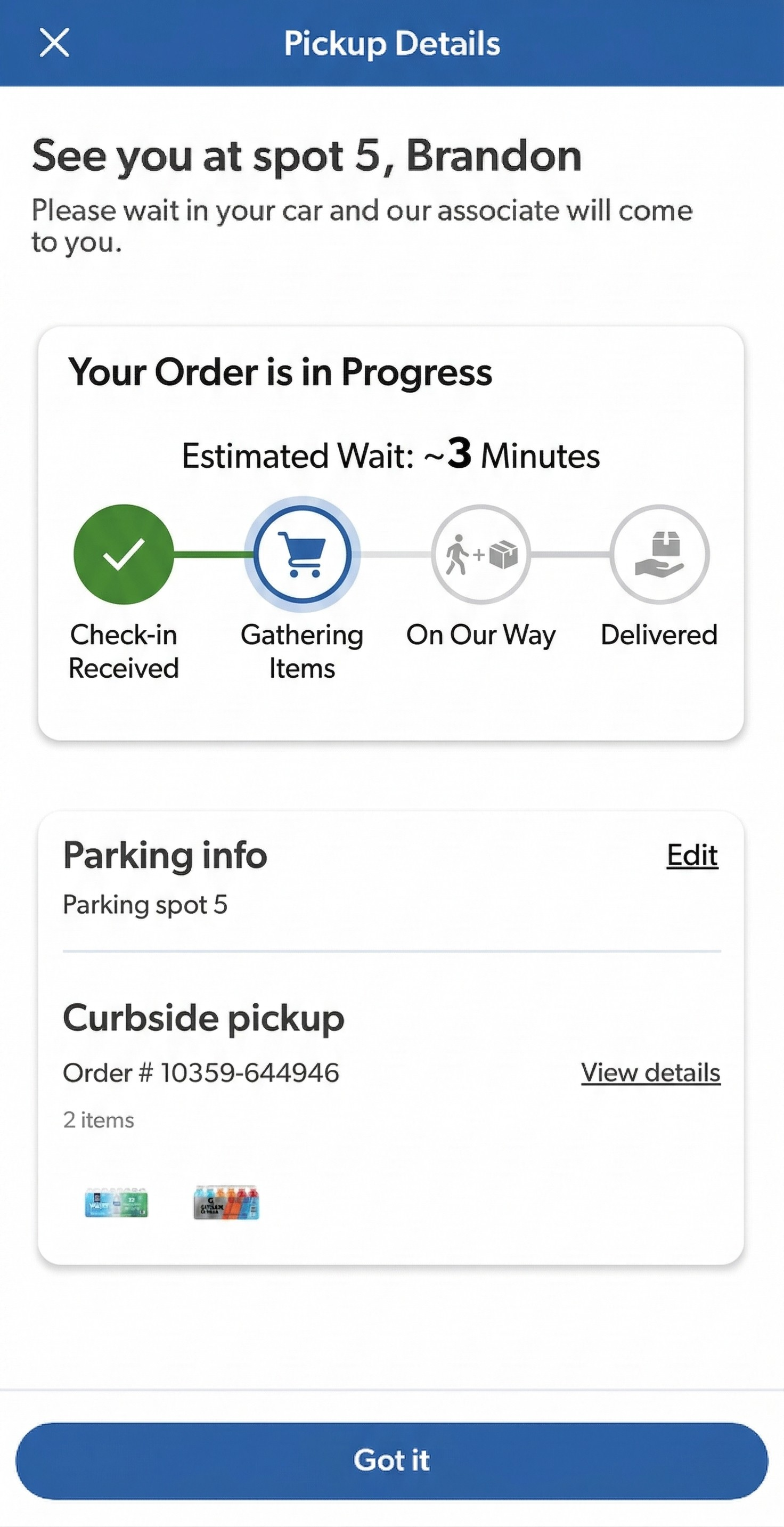 ETA banner shown to members during curbside pickup
