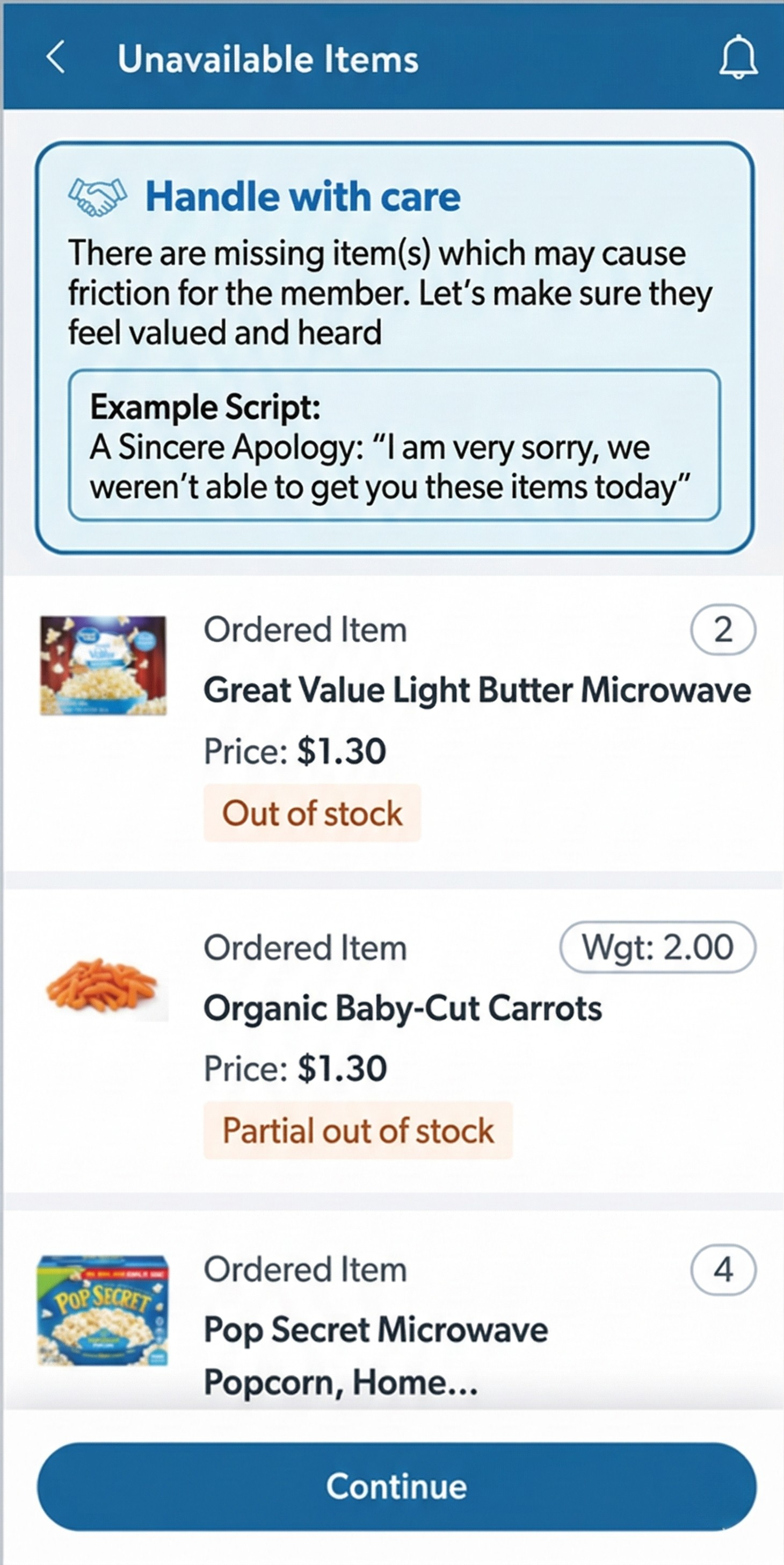 Handle with care alert shown to associate during curbside handoff