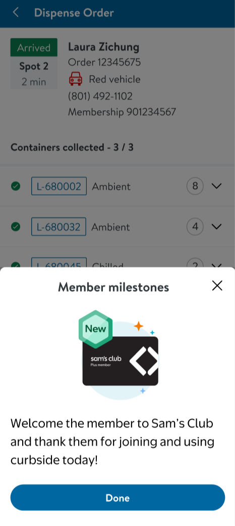 Associate-facing HUD showing member context and milestone